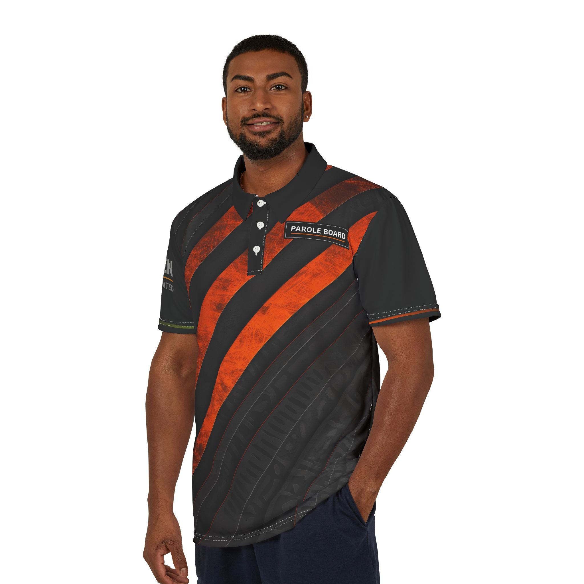 Men's Orange & Black Striped Polo — Parole Board Logo